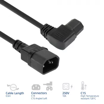 ACT stroomkabel C14 - C15 (haaks links) IEC60320 zwart 0,6 m
