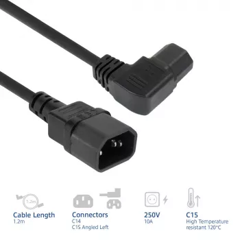 ACT stroomkabel C14 - C15 (haaks links) IEC60320 zwart 1,2 m