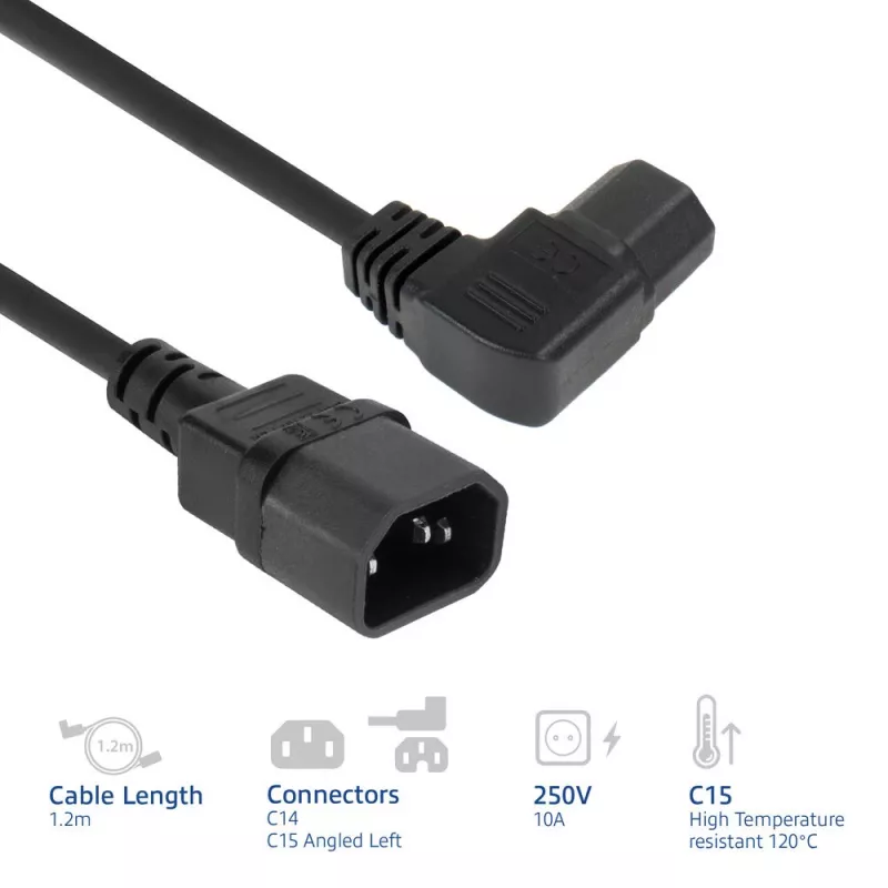 ACT stroomkabel C14 - C15 (haaks links) IEC60320 zwart 1,2 m