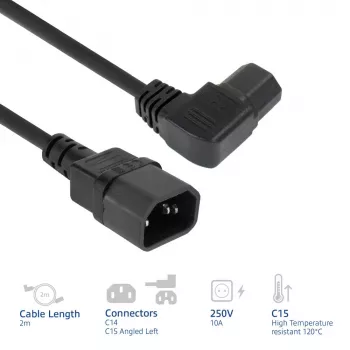 ACT netkabel C14 - C15 (haaks links) IEC60320 zwart 2 m