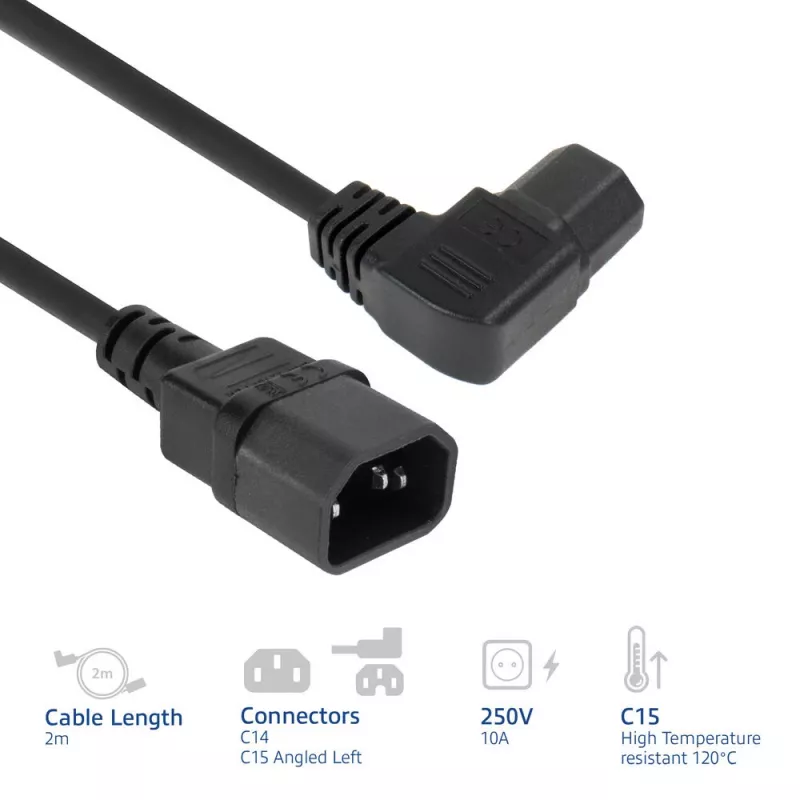 ACT netkabel C14 - C15 (haaks links) IEC60320 zwart 2 m