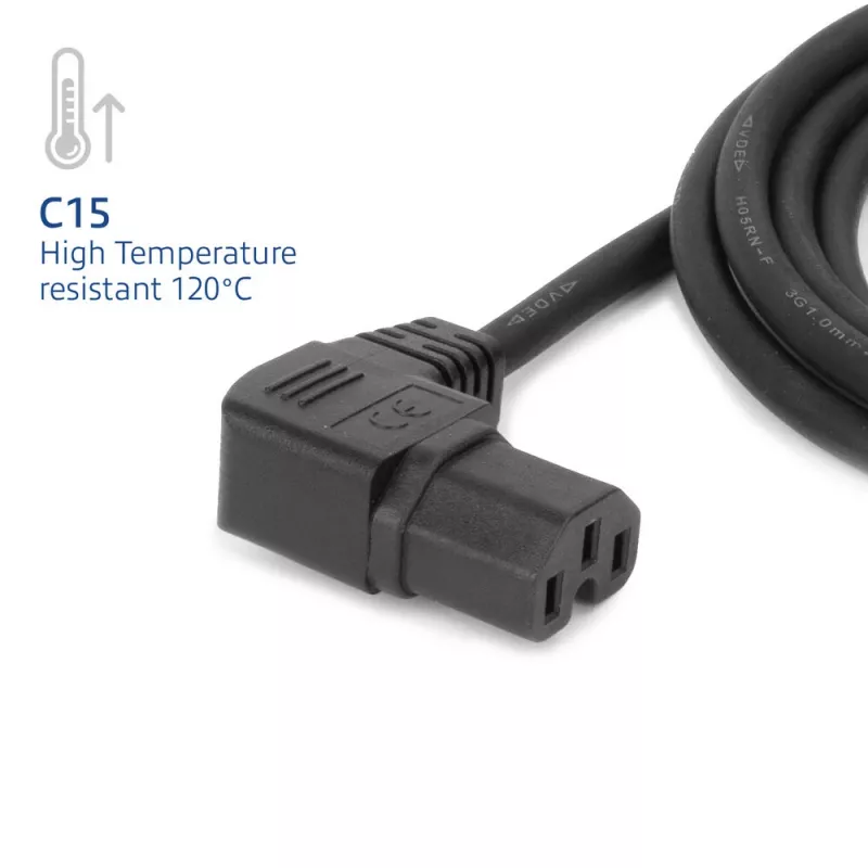 ACT netkabel C14 - C15 (haaks links) IEC60320 zwart 2 m