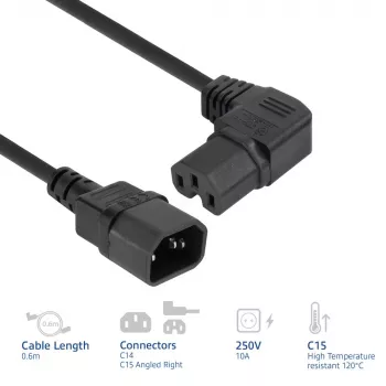 ACT stroomkabel C14 - C15 (haaks rechts) IEC60320 zwart 0,6 m