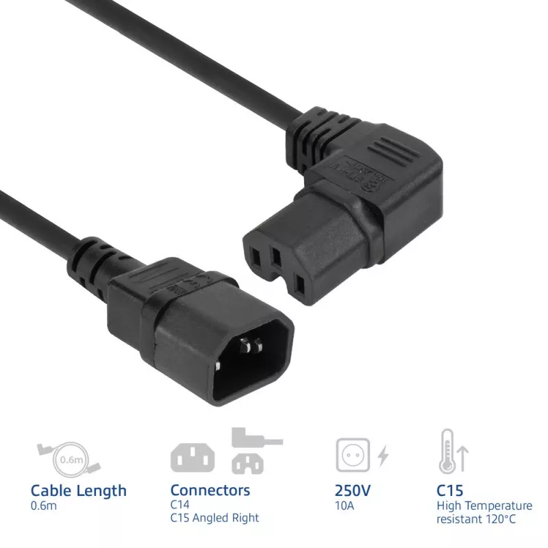 ACT stroomkabel C14 - C15 (haaks rechts) IEC60320 zwart 0,6 m