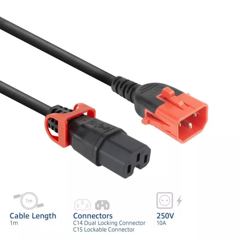 ACT stroomkabel C14 IEC Lock+ Dual Locking - C15 IEC Lock+ zwart 1 m, PC3868
