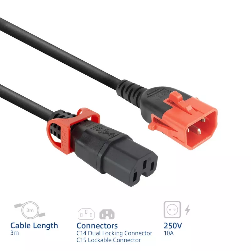 ACT netkabel C14 IEC Lock+ Dual Locking - C15 IEC Lock+ zwart 3 m, PC3876