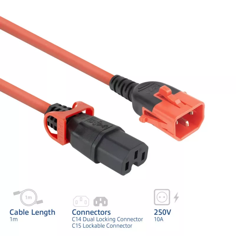 ACT netkabel C14 IEC Lock+ Dual Locking - C15 IEC Lock+ rood 1 m, PC3869