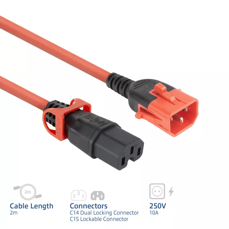 ACT Powercord C14 IEC Lock+ Dual Locking - C15 IEC Lock+ rood 2 m, PC3873