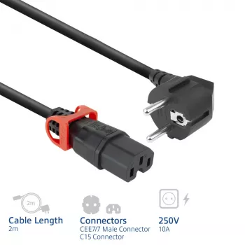 ACT netkabel CEE 7/7 stekker (haaks) – C15 IEC Lock+ zwart 2 m, EL604S