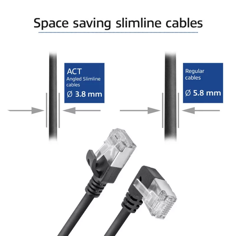 ACT Zwart 1 m U/FTP CAT6A LSZH Slimline-patchkabel met RJ45-stekkers 90° haaks links naar recht