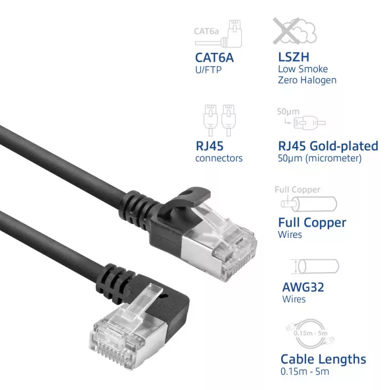 ACT Zwart 0,15 m U/FTP CAT6A LSZH Slimline-patchkabel met RJ45-stekkers, 90° haaks links naar recht
