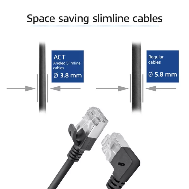 ACT zwart 0,5 m U/FTP CAT6A LSZH Slimline-patchkabel met RJ45-stekkers 90° haaks rechts naar recht