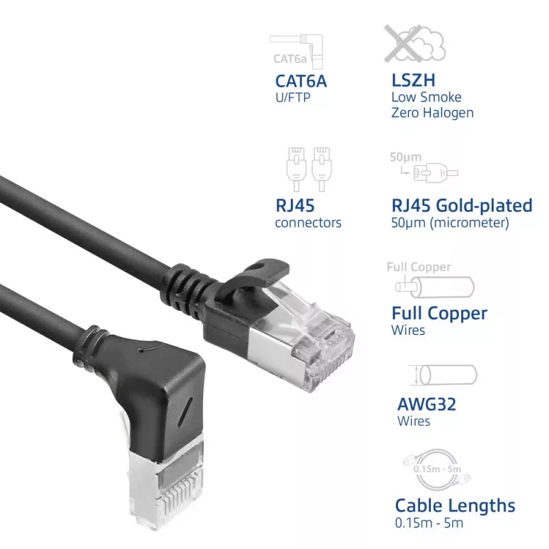 ACT zwart 5 m U/FTP CAT6A LSZH Slimline-patchkabel met RJ45-stekkers 90° haaks (omlaag) naar recht