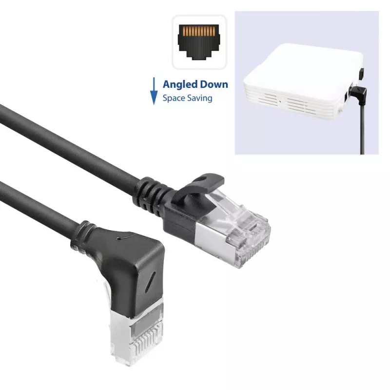 ACT zwart 5 m U/FTP CAT6A LSZH Slimline-patchkabel met RJ45-stekkers 90° haaks (omlaag) naar recht