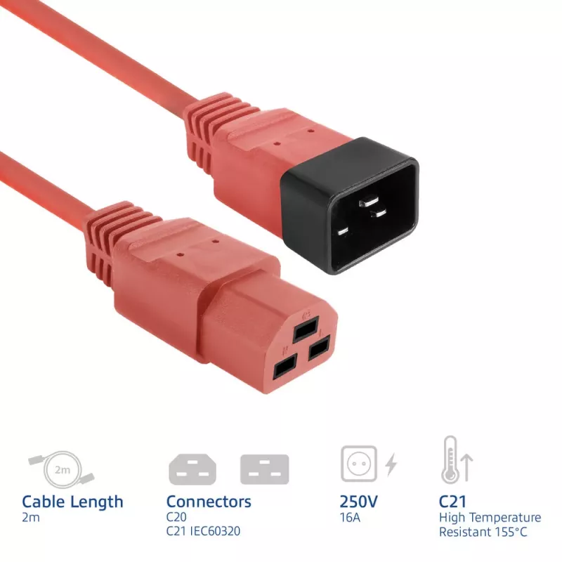 ACT-netkabel C20–C21 IEC60320 rood 2 m, 16 A 250 V