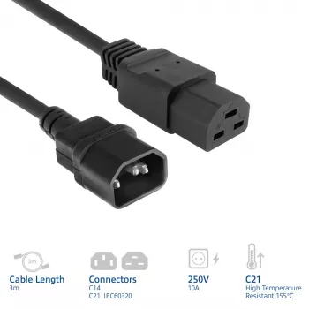 Netkabel ACT C14 naar C21 IEC60320 zwart 3 m, 250 V 10 A