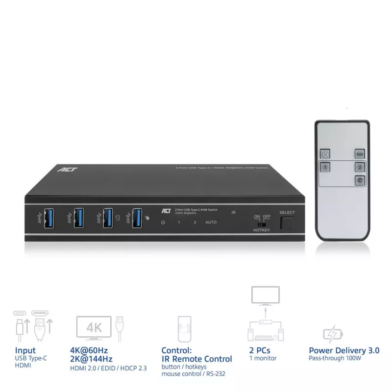 KVM-switch ACT 2-poorts USB-C/HDMI 4K@60Hz AC7922 met USB-toetsenbord/muis, HDMI-video, 100W PD