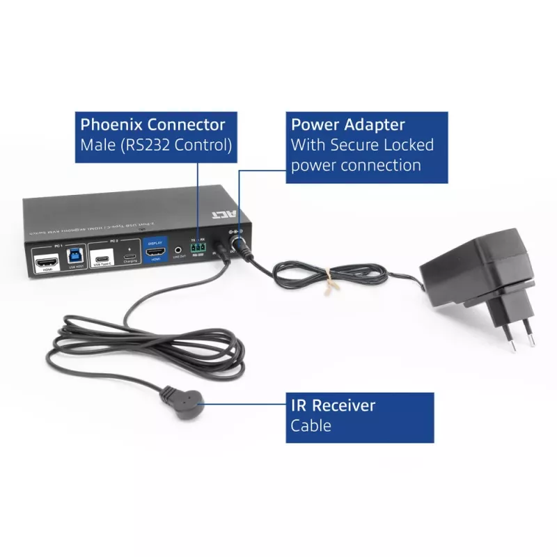 KVM-switch ACT 2-poorts USB-C/HDMI 4K@60Hz AC7922 met USB-toetsenbord/muis, HDMI-video, 100W PD