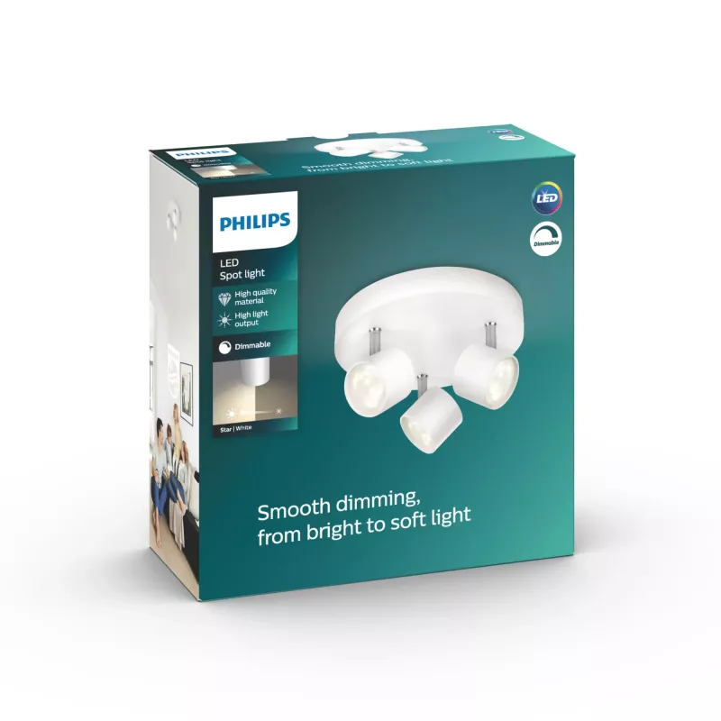 Plafond-/wandlamp Philips dimbare LED Star 3x 16,5 W, 2700 K, 1500 lm, IP20, wit