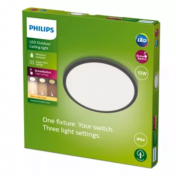 Philips Superslim plafondlamp 15W, zwart, metaal, kunststof, IP54, terras, tuin, II, modern