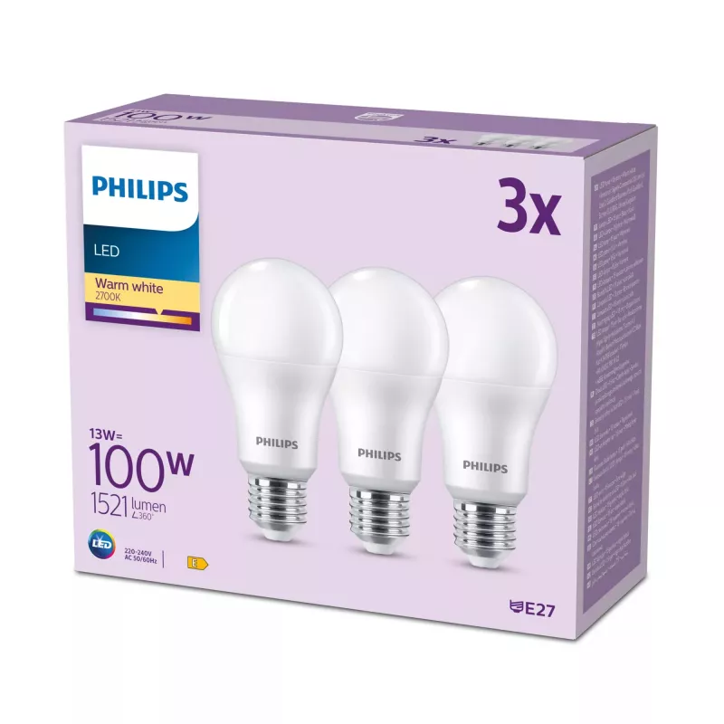 Philips lamp 100W A65 E27 x3, 13 W, 100 W, E27, 1521 lm, 15000 h, warmwit