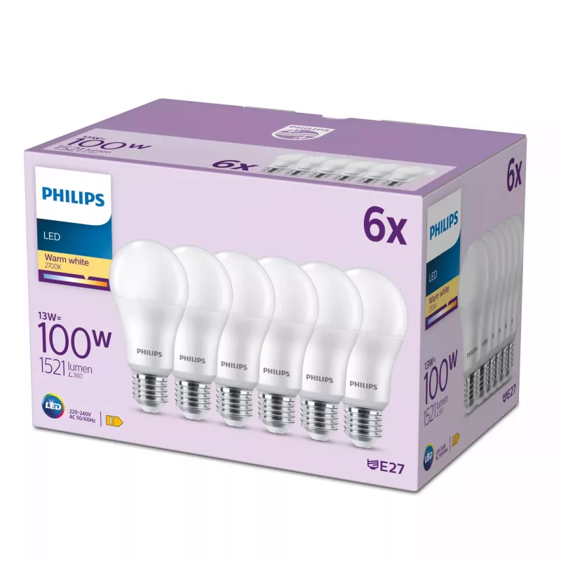 Philips lamp 100W A65 E27 x6, 13 W, 100 W, E27, 1521 lm, 15000 h, warmwit