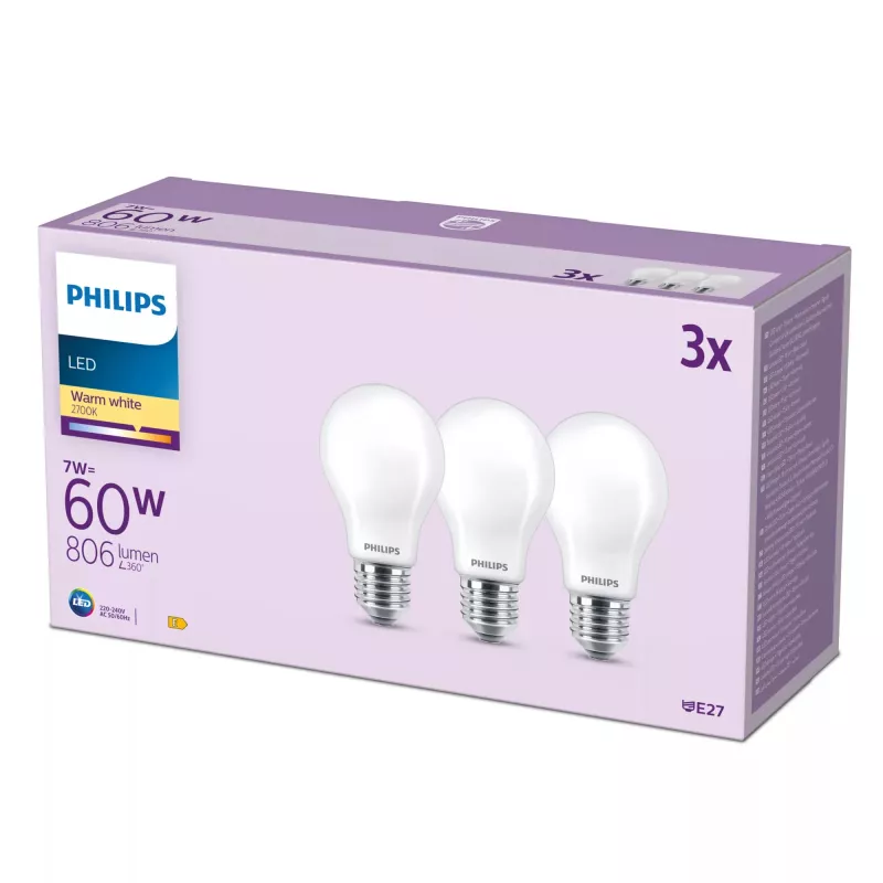 Philips filamentlamp mat 60W A60 E27 3-pack, 7 W, 60 W, E27, 806 lm, 15000 h, warmwit