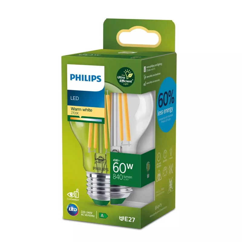 Philips filamentlamp helder 60W A60 E27, 4 W, 60 W, E27, 840 lm, 50000 h, warmwit