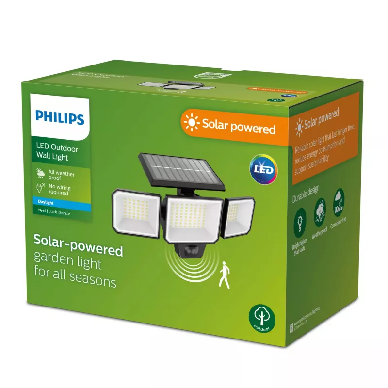 Veiligheidsverlichting Philips Securit 8,7 W LED solar 5000 K, 4 V batterij, zwarte kunststof behuizing