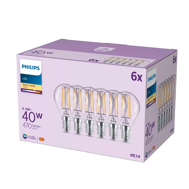 Philips filamentlamp kaars helder 40W P45 E14 x6, 4,3 W, 40 W, E14, 470 lm, 15000 h