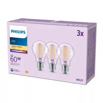 Philips filamentlamp helder 60 W A60 E27 x3, 7 W, 60 W, E27, 806 lm, 15000 h, warmwit