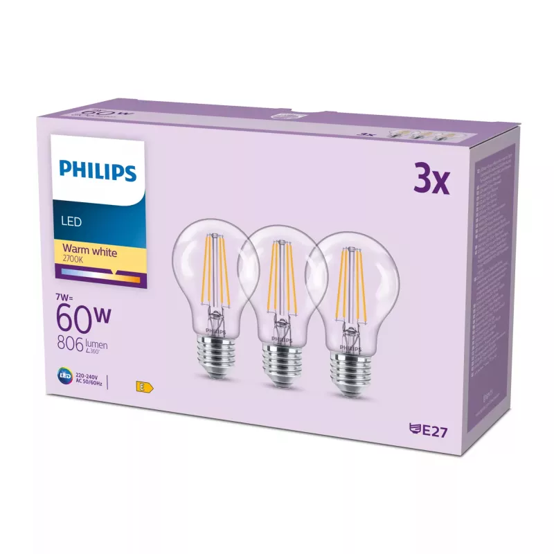 Philips filamentlamp helder 60 W A60 E27 x3, 7 W, 60 W, E27, 806 lm, 15000 h, warmwit