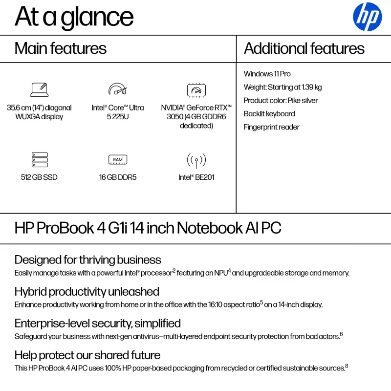 Laptop HP ProBook 4 G1i AI PC 14 inch Intel Core Ultra 5 16 GB 512 GB Intel Graphics Windows 11 Pro