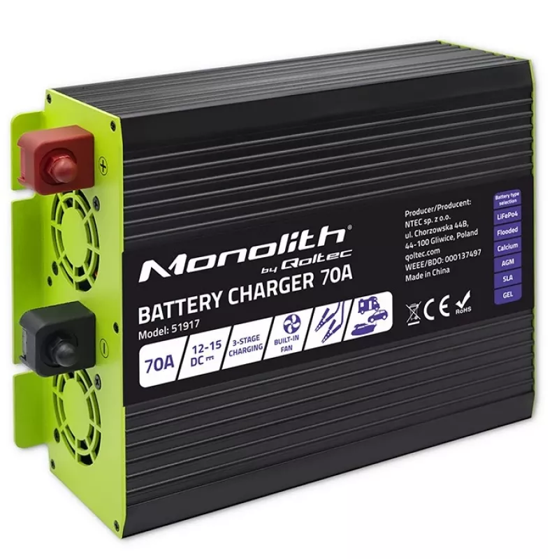 Acculader QOLTEC 51917 voor LiFePO4/AGM/GEL/SLA-accu's, 70 A uitgang