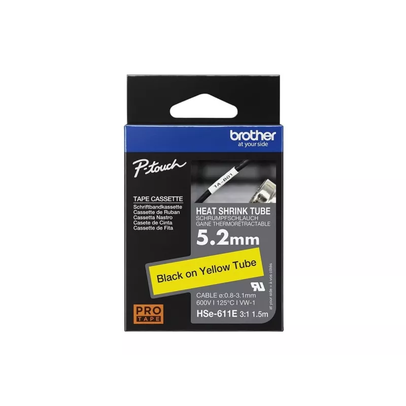 Brother HSe-611E krimpkous, 5,2 mm x 1,5 m, zwart op geel