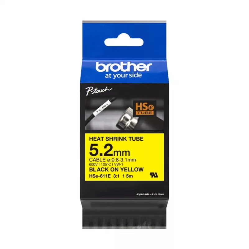 Brother HSe-611E krimpkous, 5,2 mm x 1,5 m, zwart op geel