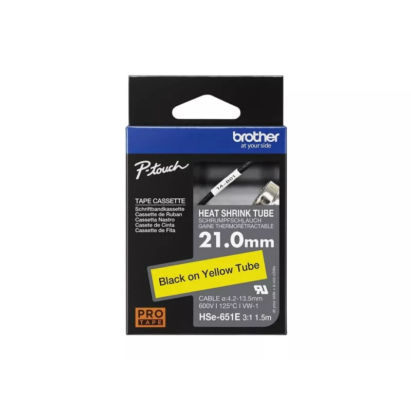 Brother HSe-651E krimpkous, 21 mm x 1,5 m, zwart op geel