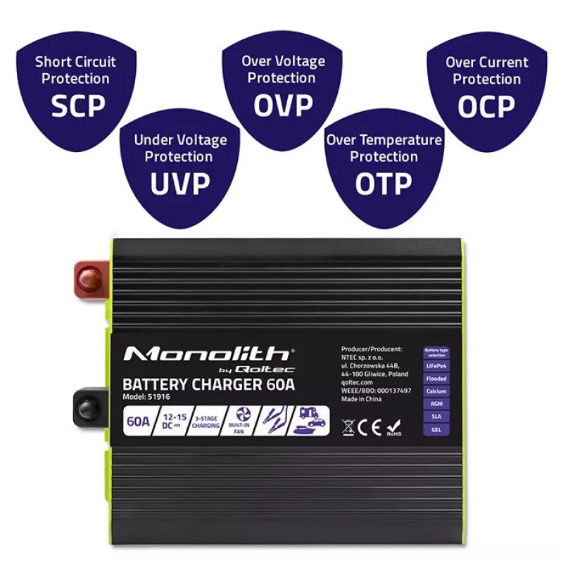 Acculader QOLTEC 51916 60A 12V voor LiFePO4-, AGM-, GEL-, SLA-accu's