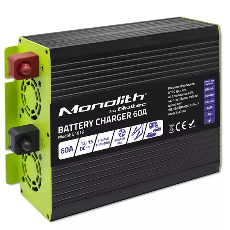 Acculader QOLTEC 51916 60A 12V voor LiFePO4-, AGM-, GEL-, SLA-accu's
