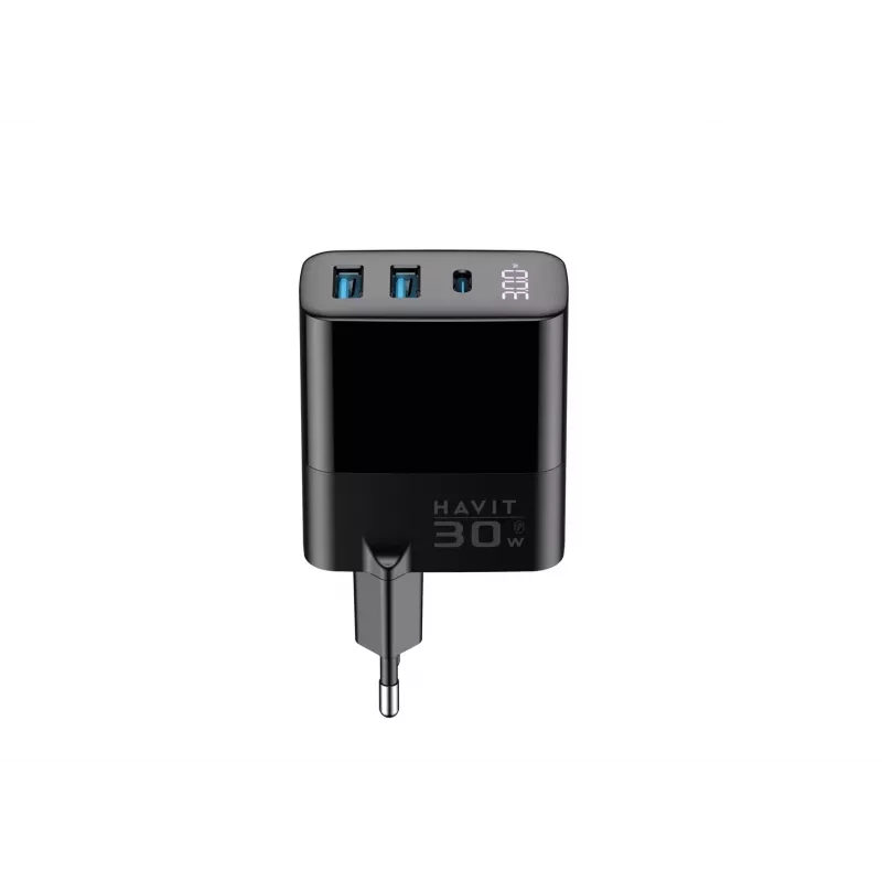 Oplader HAVIT UCLE001 EU GaN driepoorts 30 W zwart — compacte USB-oplader met 3 aansluitingen