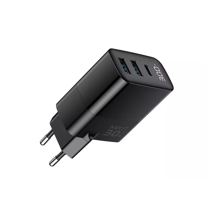 Oplader HAVIT UCLE001 EU GaN driepoorts 30 W zwart — compacte USB-oplader met 3 aansluitingen
