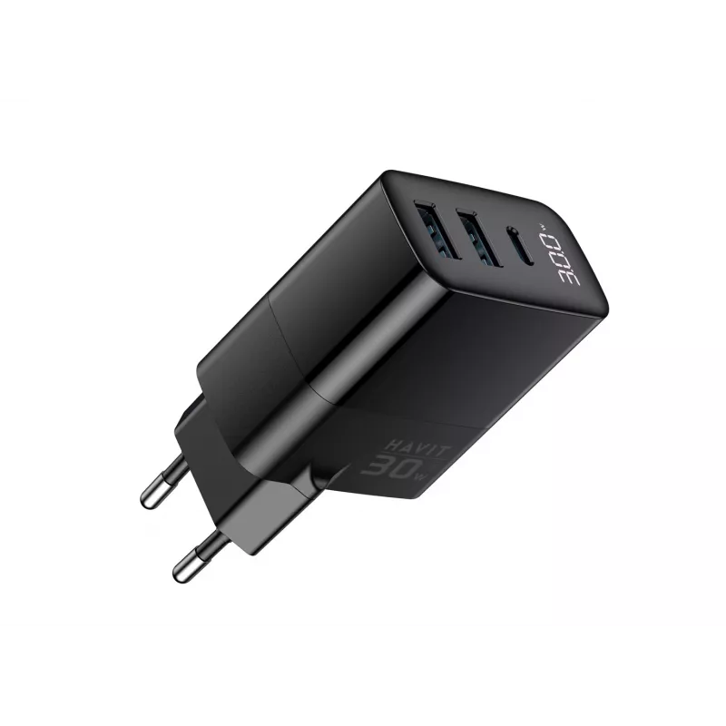 Oplader HAVIT UCLE001 EU GaN driepoorts 30 W zwart — compacte USB-oplader met 3 aansluitingen