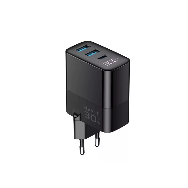 Oplader HAVIT UCLE001 EU GaN driepoorts 30 W zwart — compacte USB-oplader met 3 aansluitingen
