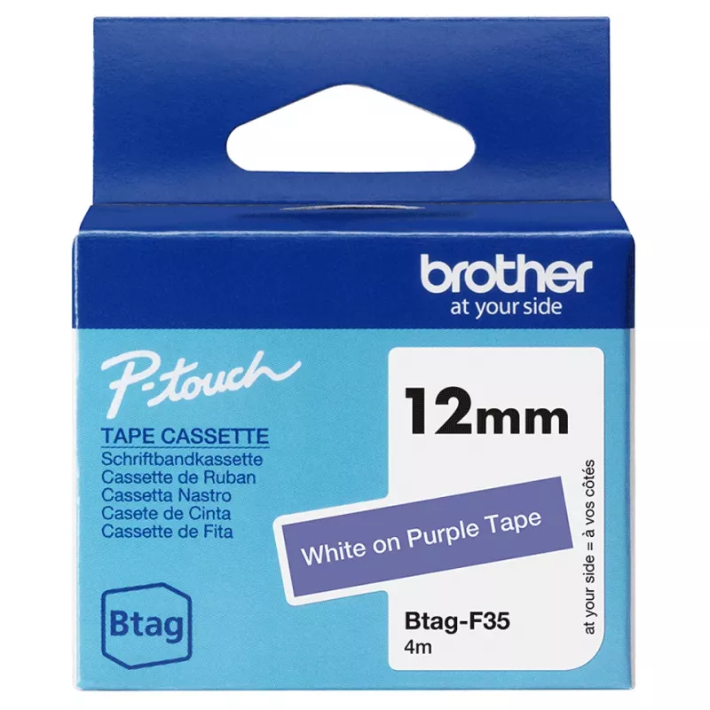 Etiketteerband Brother BTAG-F35 wit op paars 1,2 cm 4 m