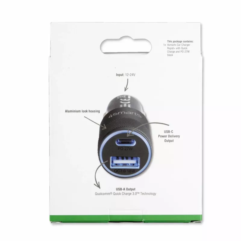 4smarts Rapid+ - Auto-oplader - 27 Watt - 3 A - QC 3.0, PD - 2 uitgangen (USB, 24-pins USB-C)