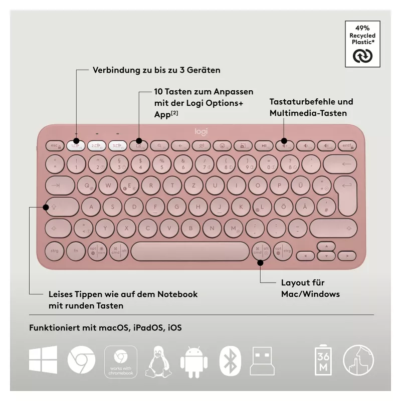 Logitech Pebble 2 Combo toetsenbord muis inclusief universele RF Wireless + Bluetooth QWERTZ Duits roze (920-012205)