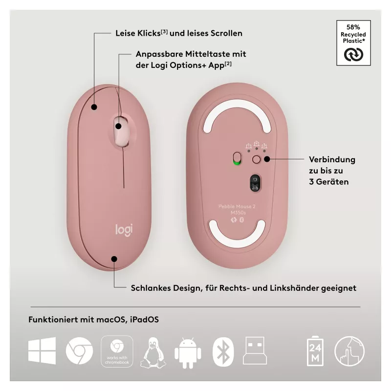 Logitech Pebble 2 Combo toetsenbord muis inclusief universele RF Wireless + Bluetooth QWERTZ Duits roze (920-012205)