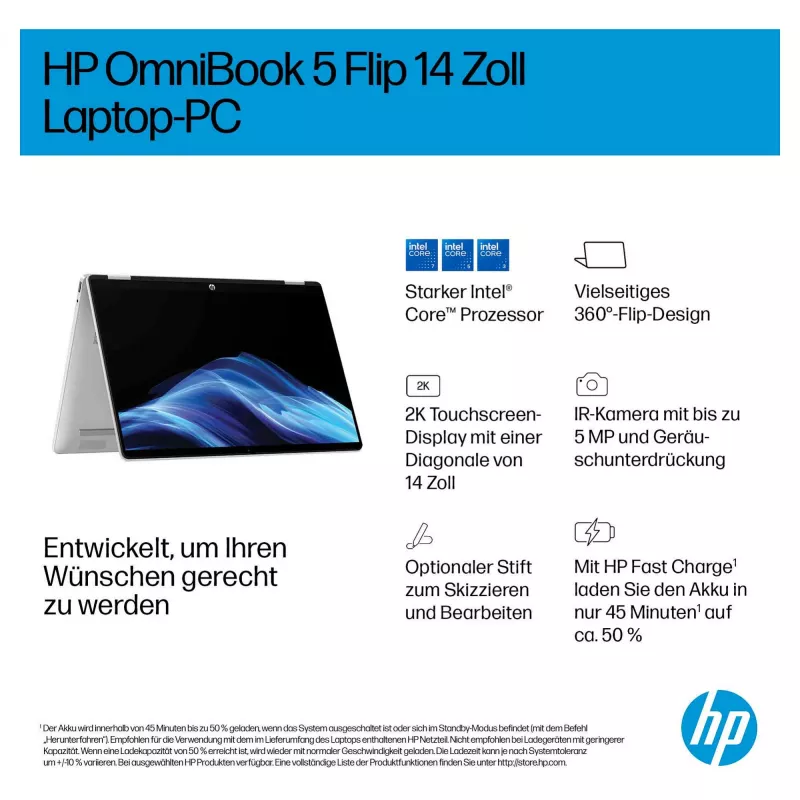 HP OmniBook BZ7Z8EA 14 notebook - 512 GB SSD - 8 GB RAM - SDRAM - WUXGA (1920x1200) - touchscreen - Windows 11 Home (BZ7Z8EA#ABD)