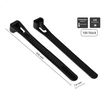 Herbruikbare kabelbinder 450 mm x 7,4 mm, zwart, UV-bestendig, -40 °C tot +85 °C, 100 stuks (KAB-R45S74)