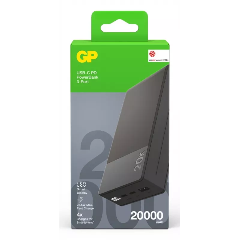 GP Battery GP PowerBank M2+ 20C 20000mAh 2xUSB-C/1xUSB-A zwart LED-ind. (GPPBM20CGYMSR287)